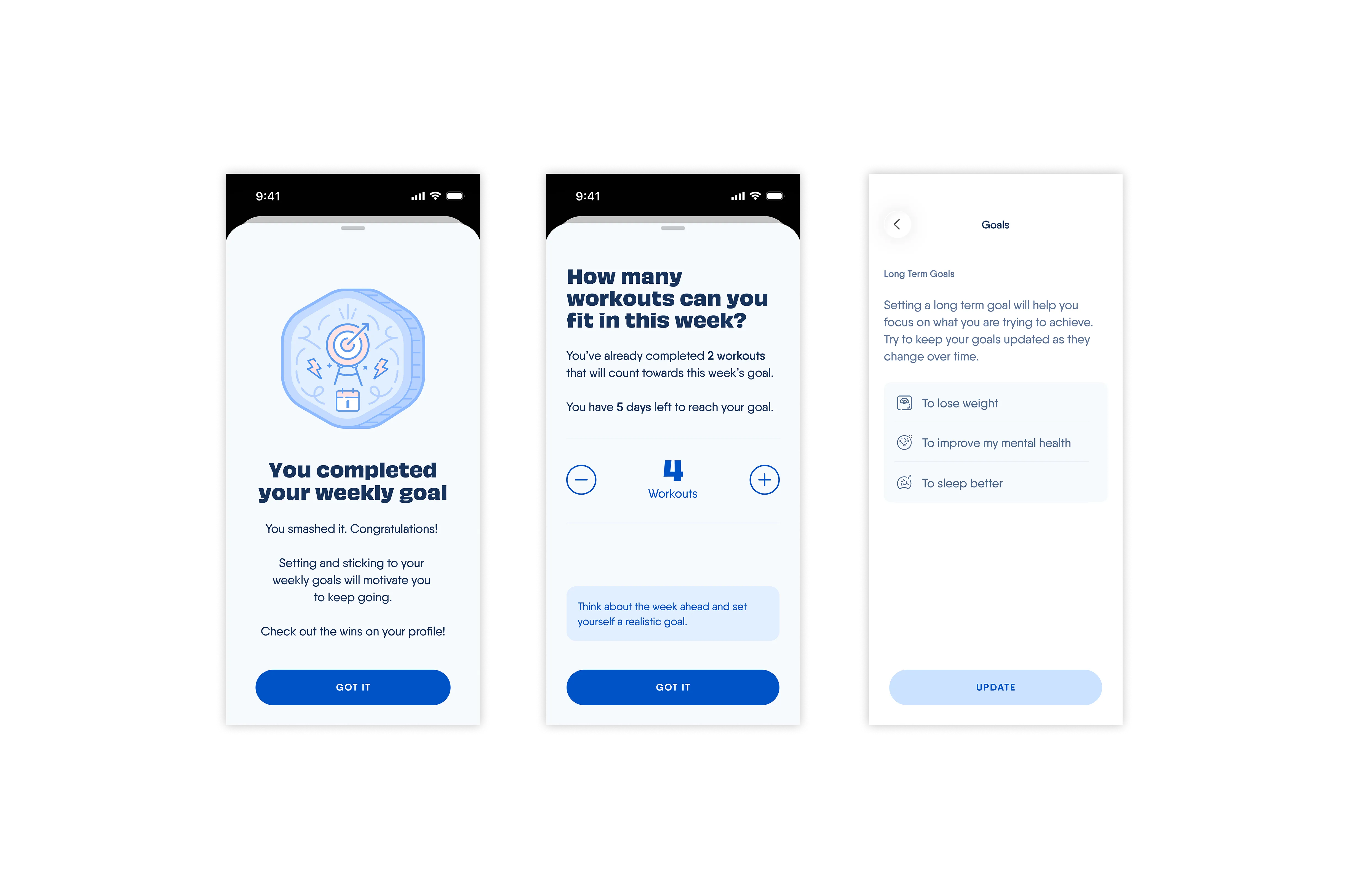 Weekly goals interface showing personalised activity targets and progress tracking within the fitness app.
