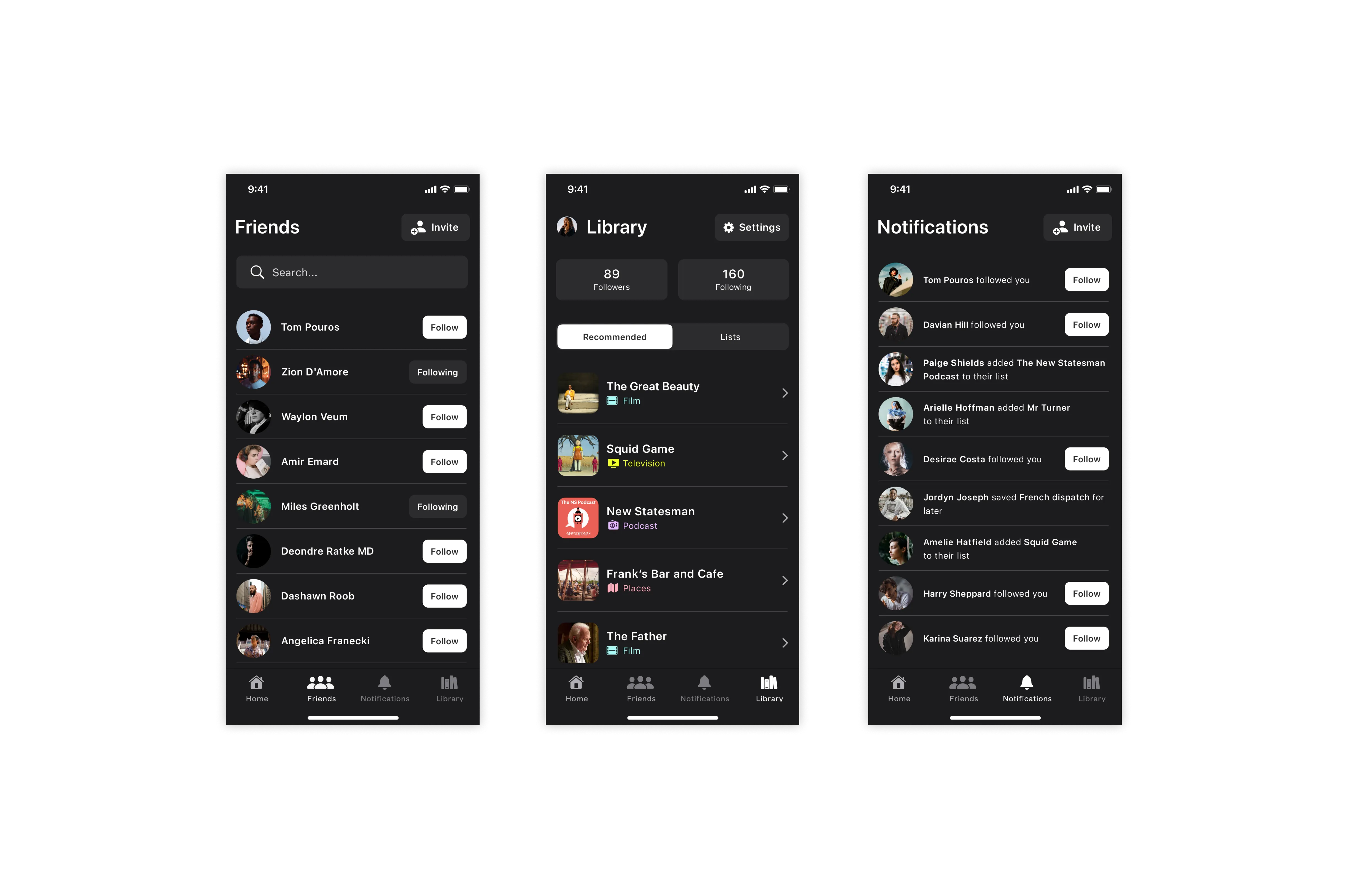 Friends and notifications screen showing user profile and notification screens.