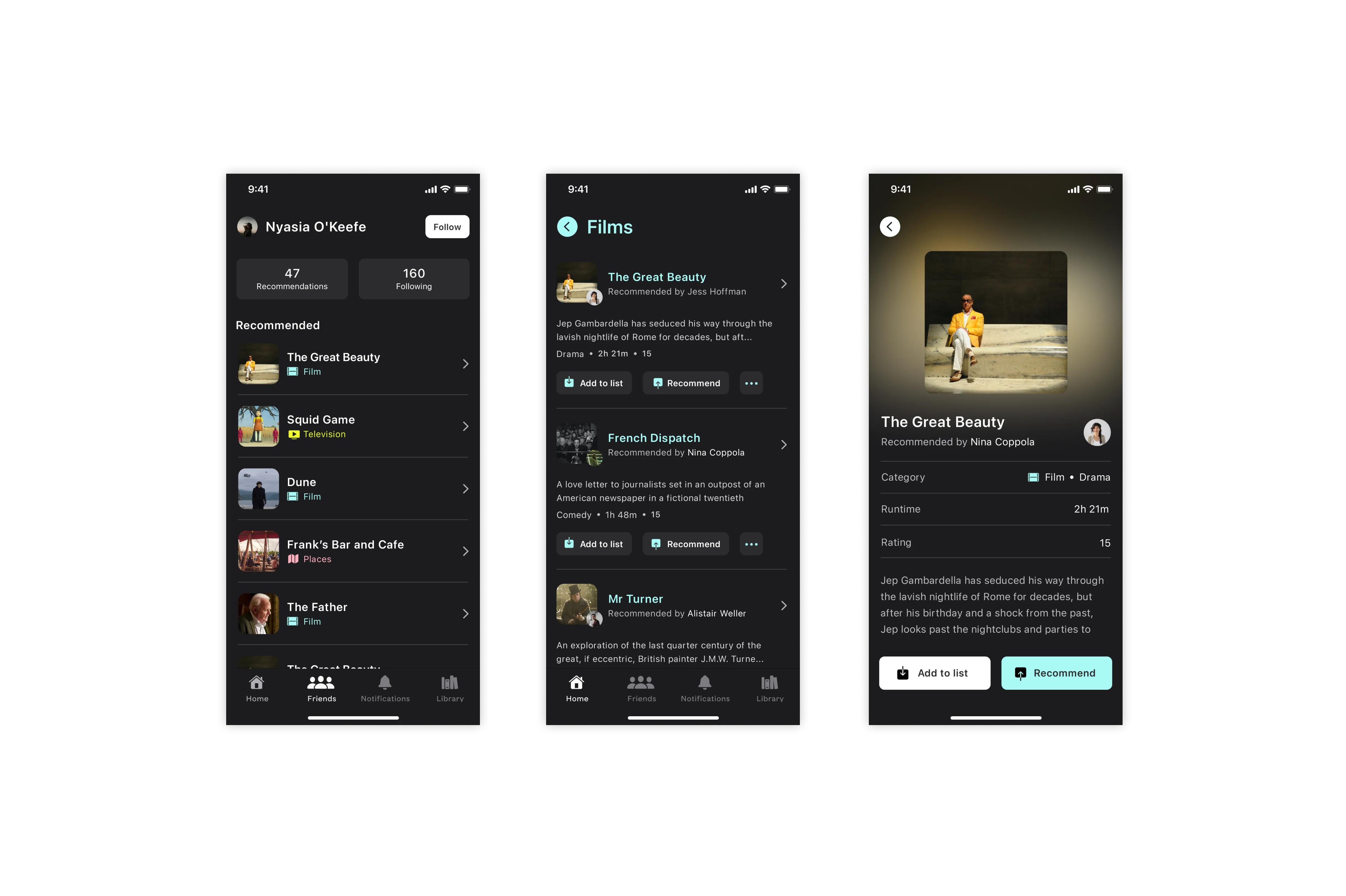 Screens showing the user experience for finding films and television.