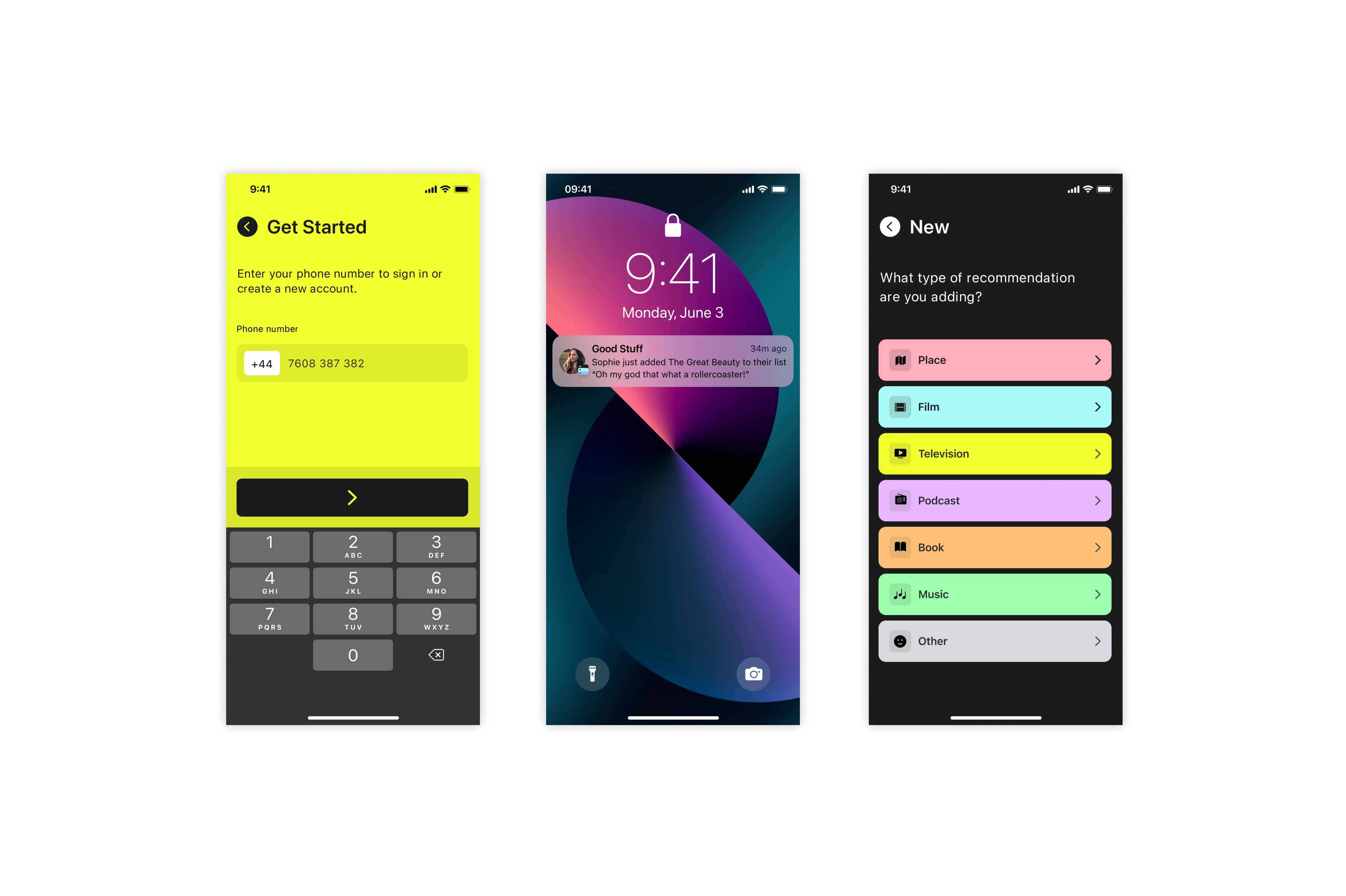 Create account, login and add new content screens.