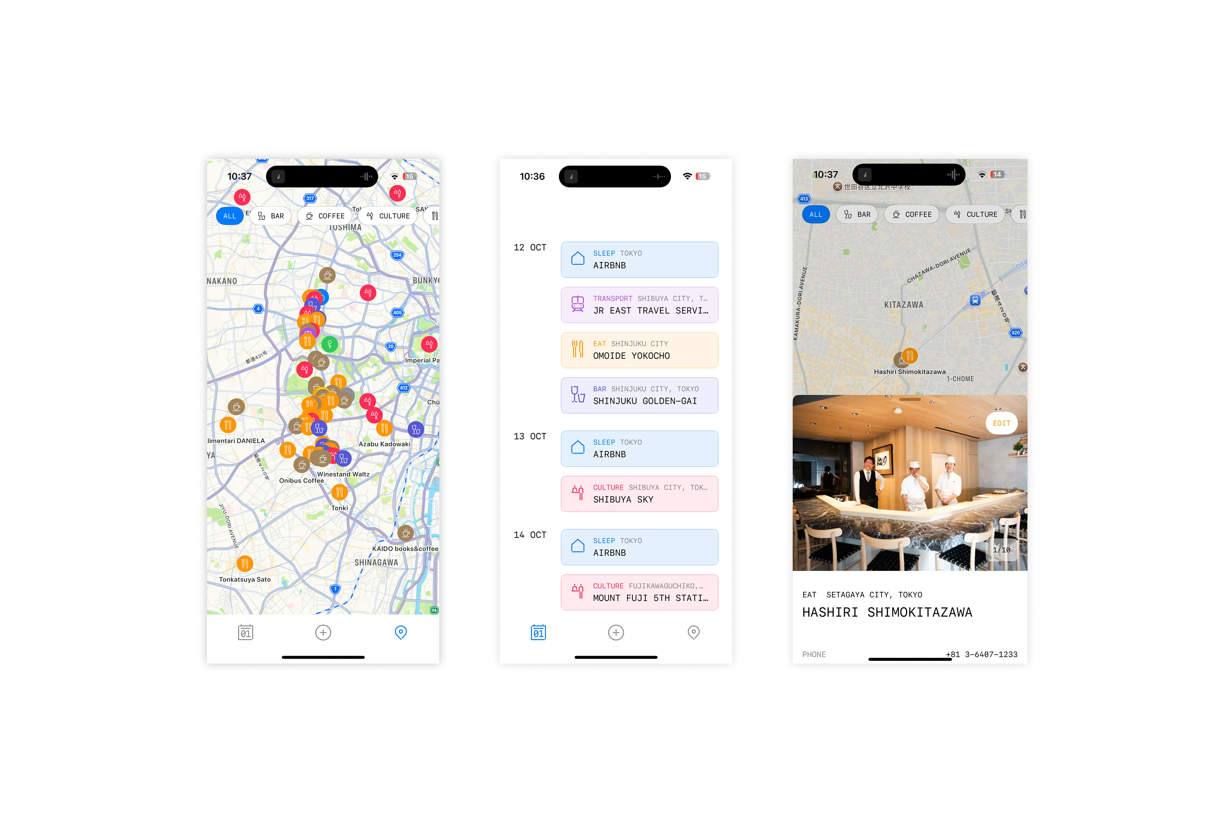 3 screenshots showing a map and itinary.
