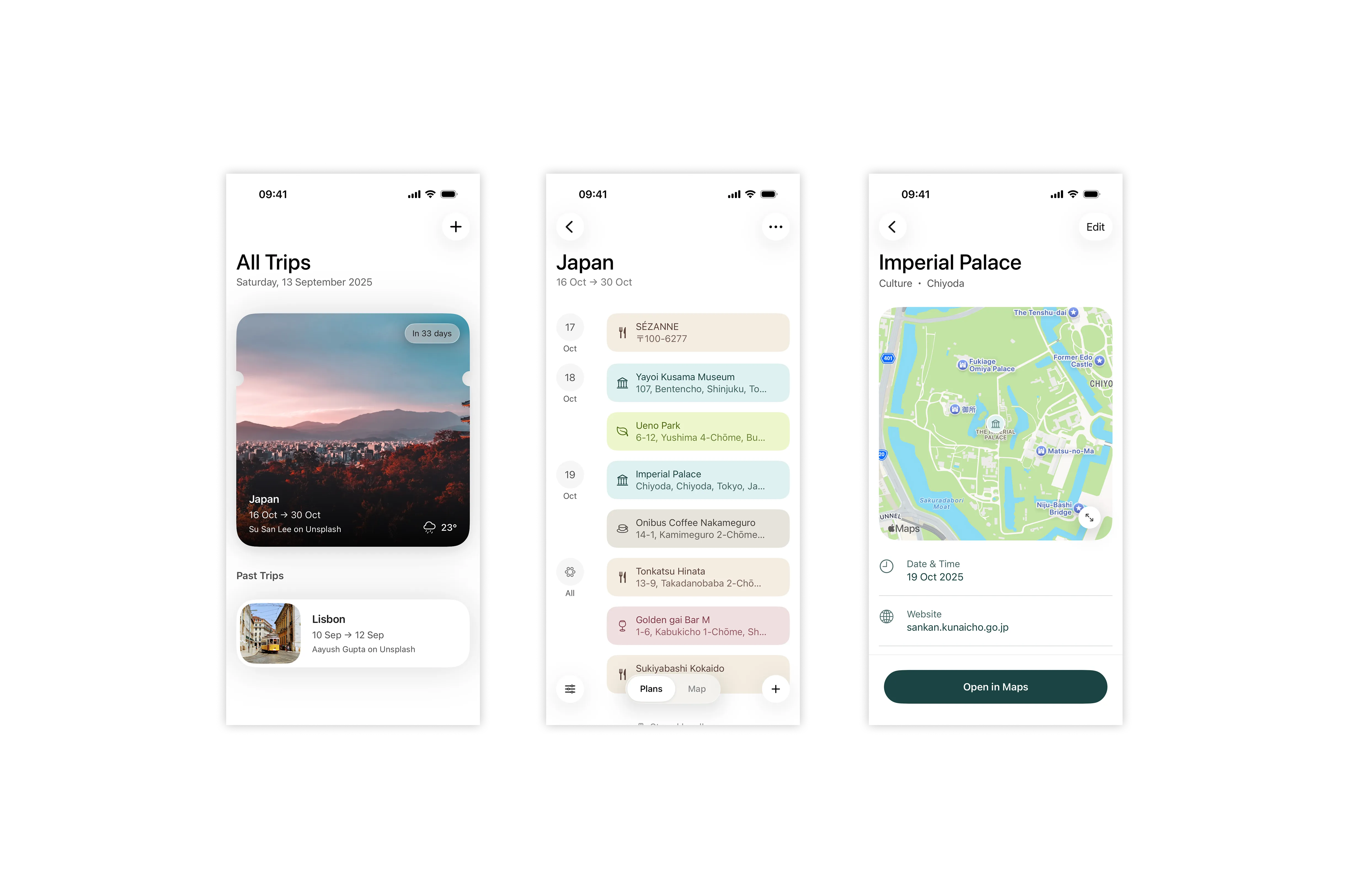 Production screenshots showcasing the trip, itinerary, and place detail experience.