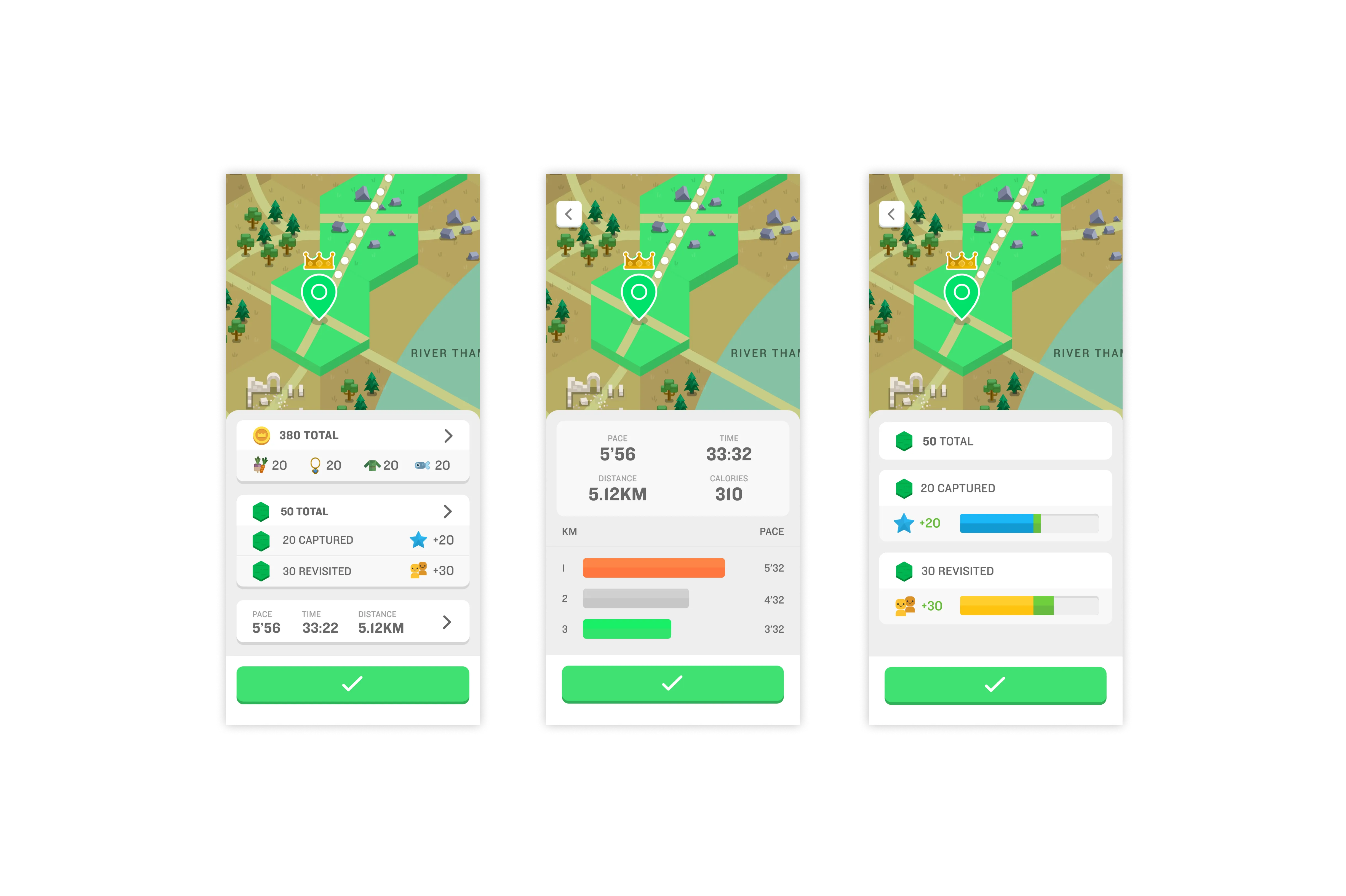 3 screenshots showing the post run activity screens