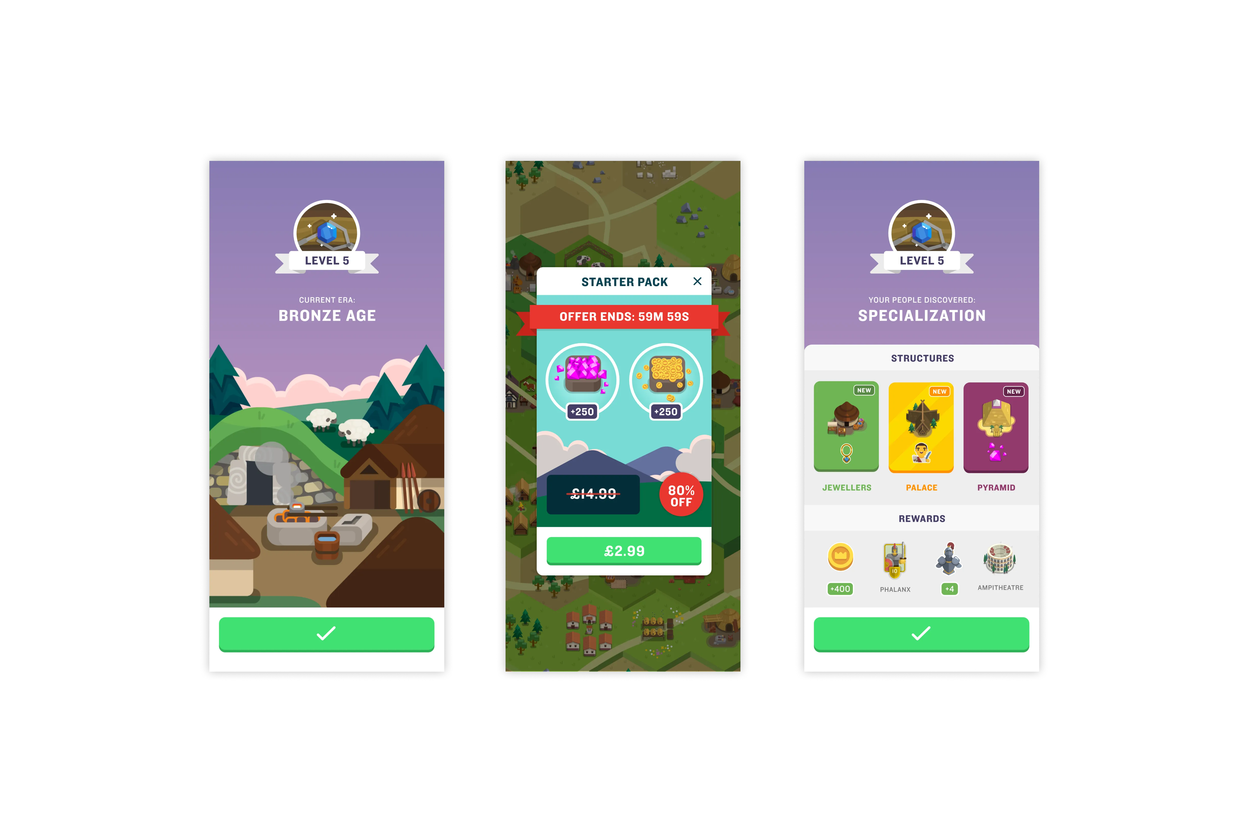 Run an Empire screenshots showing a player unlocking new buildings as they progress in the game.