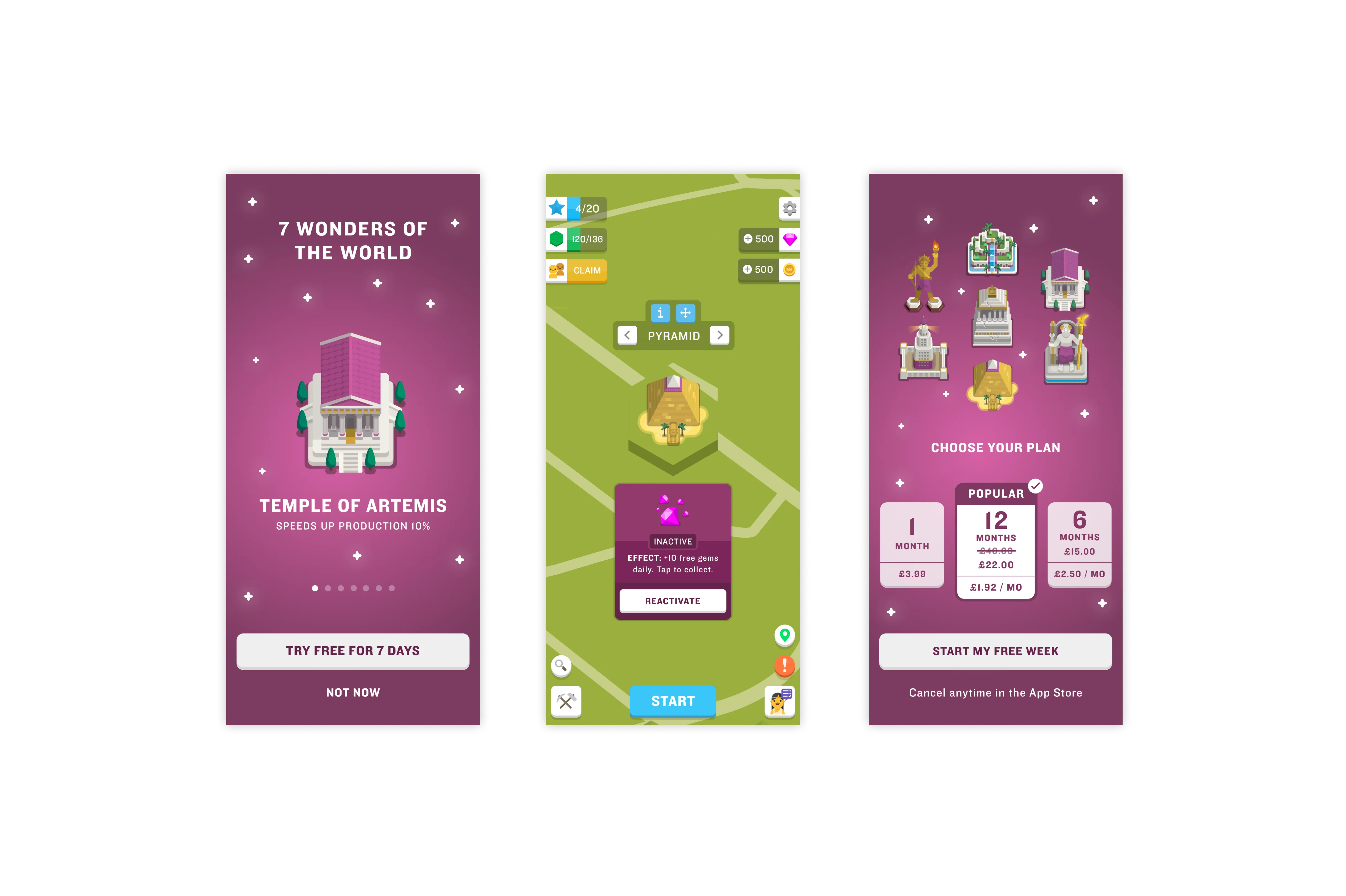 Subscription screenshots showing the 7 wonders of the world feature.