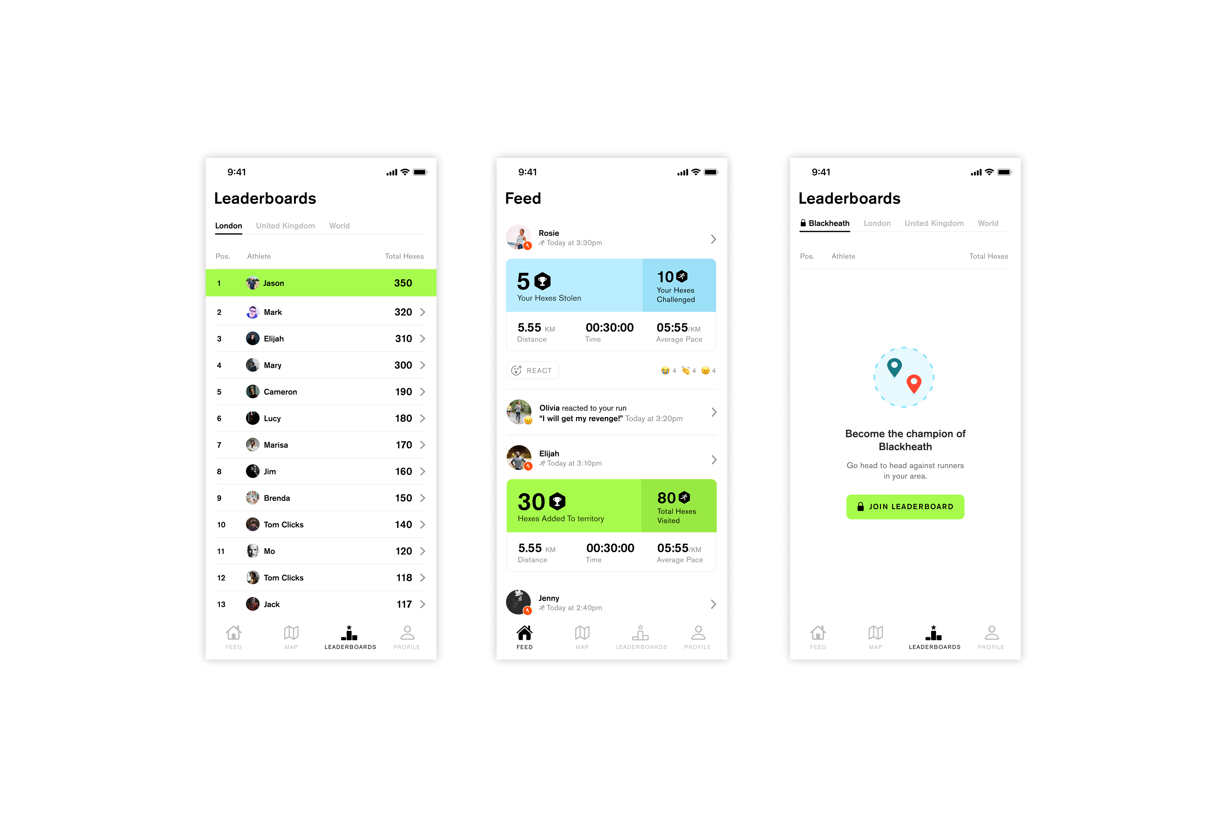 3 screenshots showing the leaderboard and competitive features in Stride